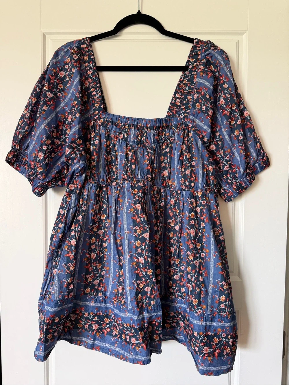 Free People Vintage Lover Blue Floral Puff-Sleeve Women's Top